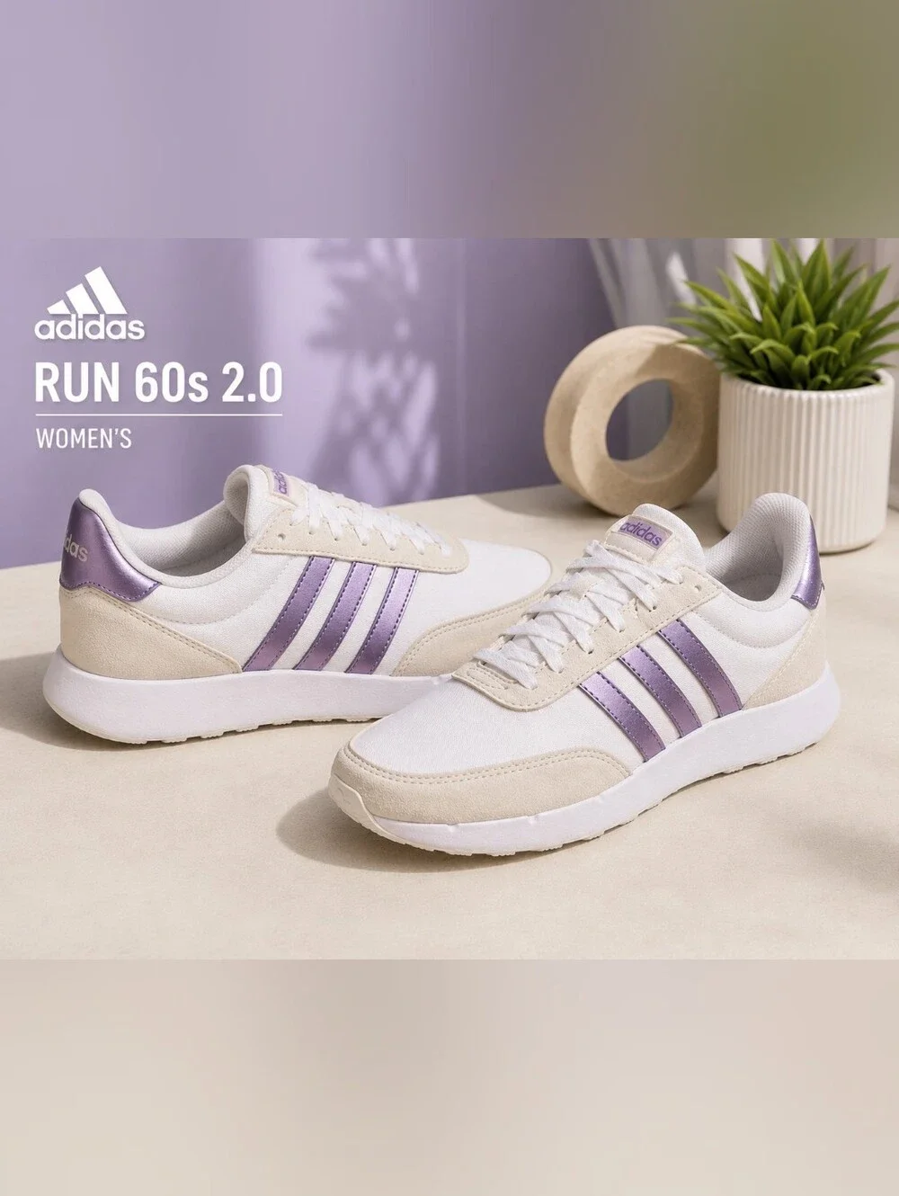 👟 adidas Run 60s 2.0 Women’s Sneakers – White / Metallic Purple 🤍Size 8.5💜NIB
